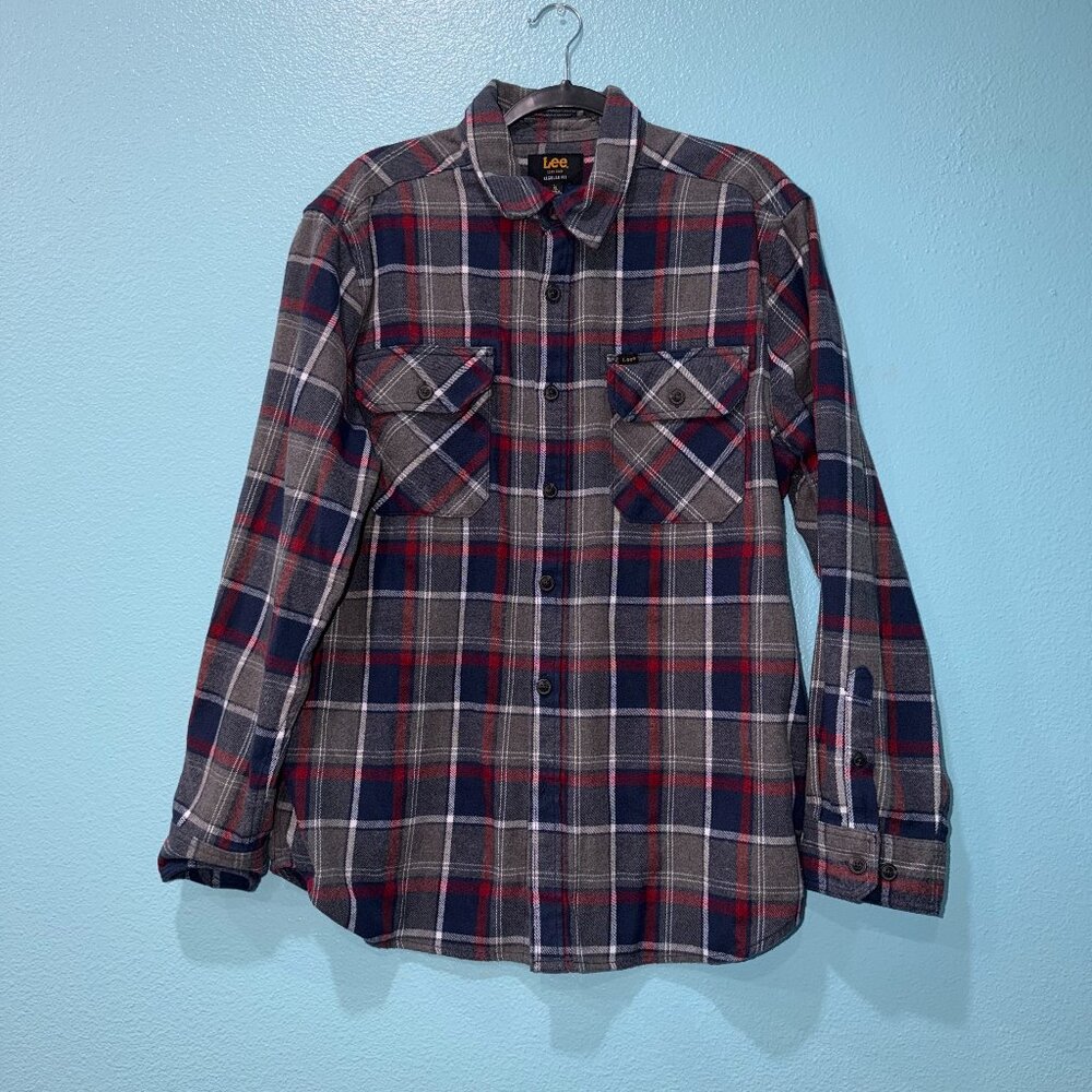 Lee Flannel Men Shirt Size XL Grey/Red/Dark Blue
